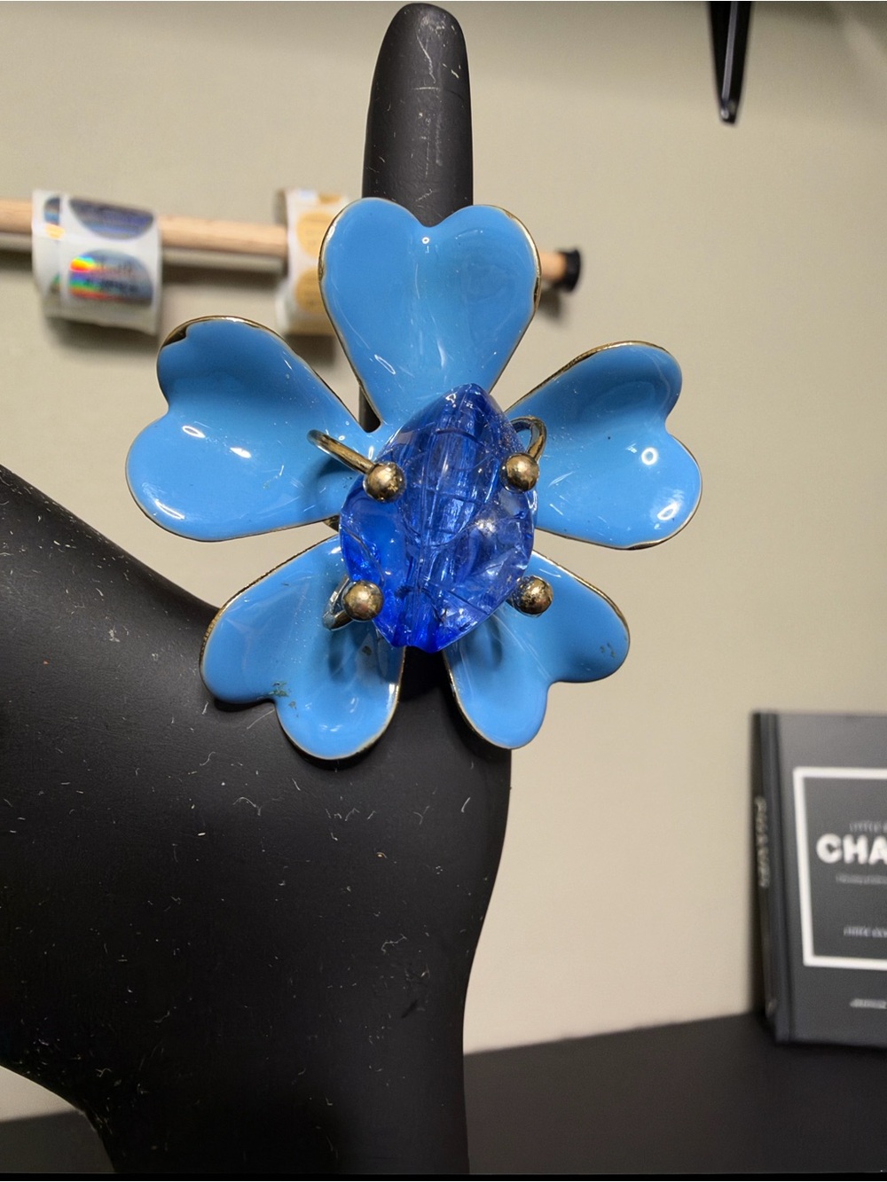 Vintage Adjustable Enamel Blue Floral Statement Ring Faceted Center Stone